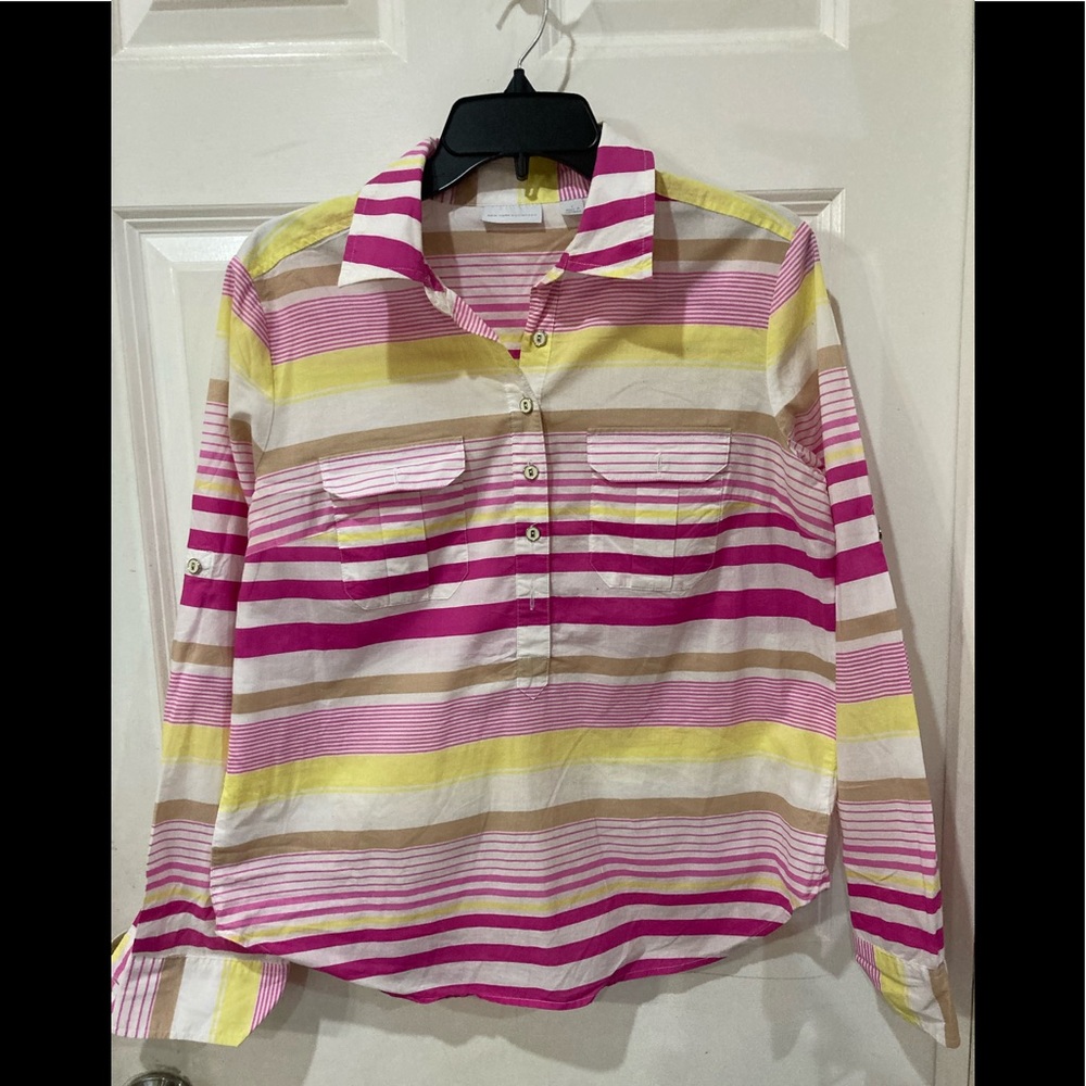 New York & Company pink striped pull over button shirt.
